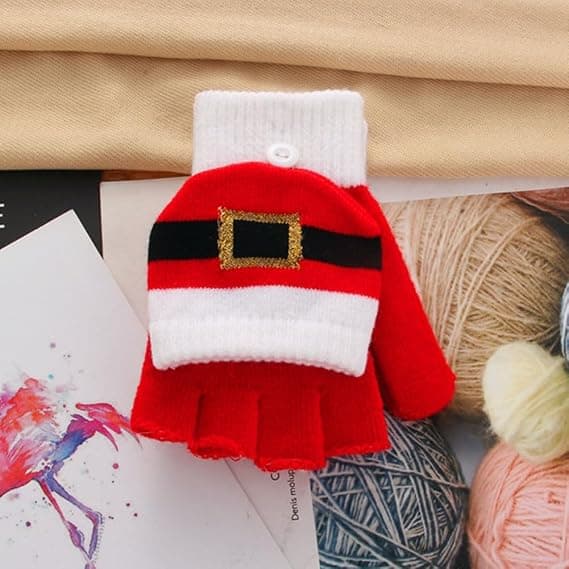 Vuxna Julvantar, Stickade Halvfingervantar, med Vikbart Skydd, Omvandlingsbara Vantar Varmvantar för Vinter, Tomte