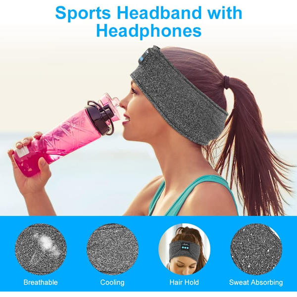 Sports Hovedbånd Hovedtelefoner, Bluetooth Trådløse Søvnøretelefoner med Ultra-Tynde HD Stereohøjttalere, Egnet til Sport/Yoga/Fitness, Grå