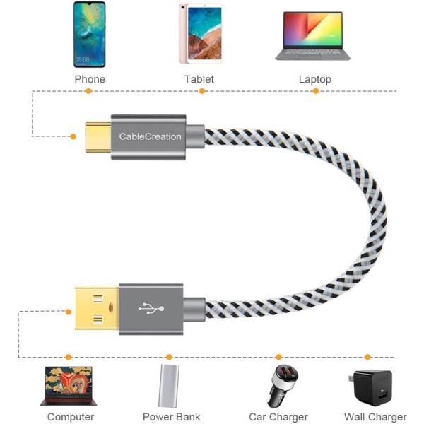 6 tums USB C-kabel kort, CableCreation kort USB till USB C-kabel 3A snabbladdningskabel