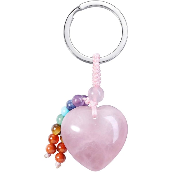 Natural Rose Quartz Crystal Heart Love Stone Keychain 7 Chakra Reiki Healing Crystal Gemstone Beads Tassel Keyring