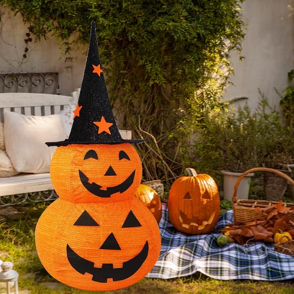 Halloween-dekorasjoner, 3 FT sammenleggbar gresskar, forhåndsbelyst 50 LED-belyst gresskarmann med stjernehatt