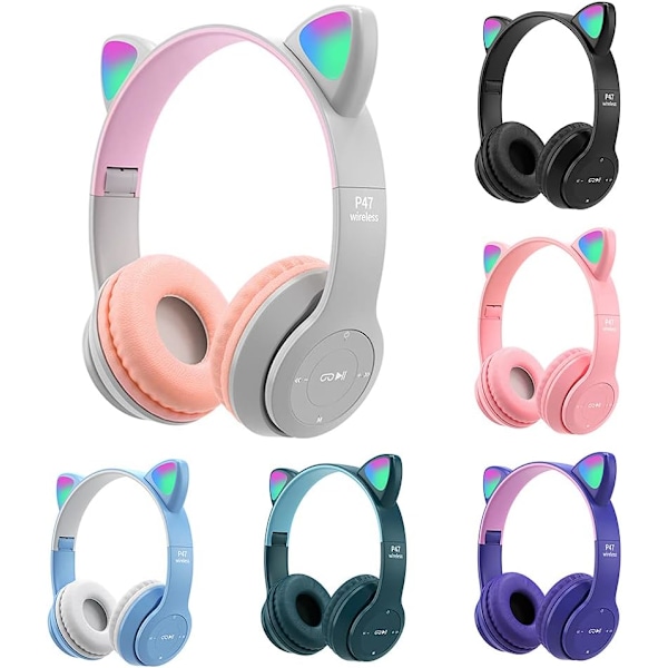 Langattomat peli kuulokkeet, Bluetooth 5.0 taitettavat langattomat peli headset, lasten aikuisten kissa korva kuulokkeet LED-valolla (sininen)