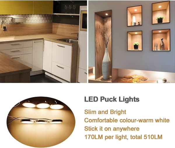LED Puck-lys under skab, belysningssæt under disk, DC 12V 3000K Varm Hvid Køkkenlys (6-pak)