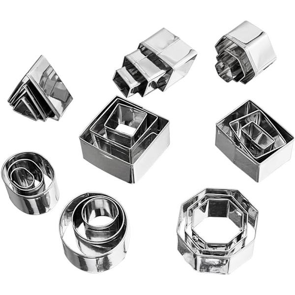 Mini geometriske formede småkage- og kiksudskæringsæt 24 firkantede hjertetrekantede runde cirkler bagning rustfrit stål metalforme