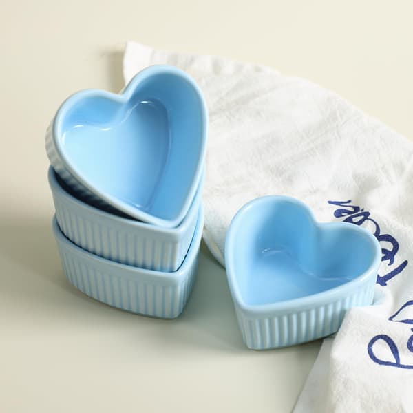 Hjerteformede porcelæns-souffléforme, ramekiner - 3,5 tommer til soufflé, creme brulee og dyppesaucer - Sæt med 4, blå 01
