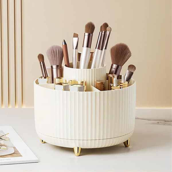 Makeupbørsteholder med stor kapacitet, 360° roterende makeuporganisator, 5 rum til makeupbørster, til badeværelse, kosmetikdisplay (Creme)