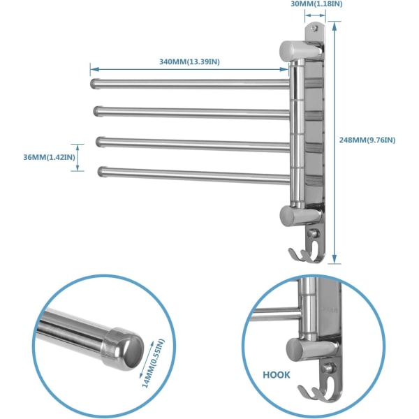 Vridbar handdukshängare för badrum JSVER Väggmonterad handdukshängare, SUS304 handduksstång i rostfritt stål 4-armad handdukshängare