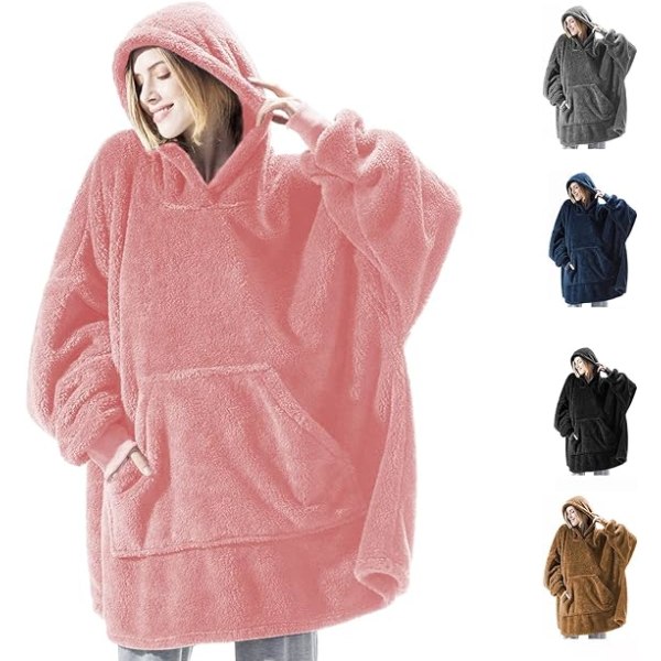 Hoodiefilt, Oversized Sherpa Hoodie, Bärbar Hoodie Sweatshirt Filt, Super Soft Warm Bekväm filt Hoodie, One Size Passar Alla Vuxna Pink