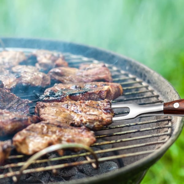 Kødgaffel, rustfrit stål grillgaffel med træhåndtag stegegaffel