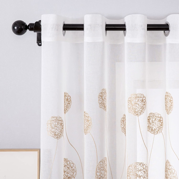 Gardiner Voile Blommor Broderi Öglett Gardiner Transparent Gardiner 2 st Öglett Gardiner Gardiner Par Fönster Gardiner För Vardagsrum Sovrum Brown 140*215cm