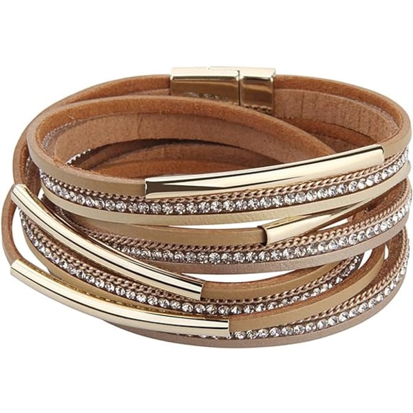 Dame Wrap Armbånd i Guldbelagt Metal Krystal Læder Reb Manchet Armbånd med Magnetisk Spænde (BEIGE)