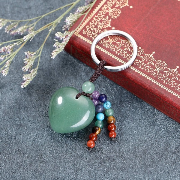 Natural Rose Quartz Crystal Heart Love Stone Nyckelring 7 Chakra Reiki Healing Crystal Gemstone Beads Tofs Nyckelring