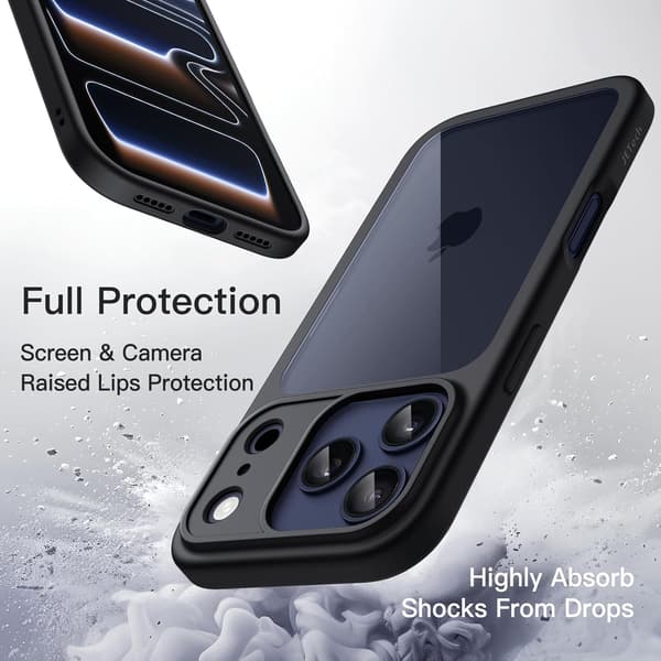 Etui til iPhone 17 Pro 6,3 tommer, Stødsikkert telefoncover, Solid mat TPU-ramme, Ridsefast klar bagside (Sort)