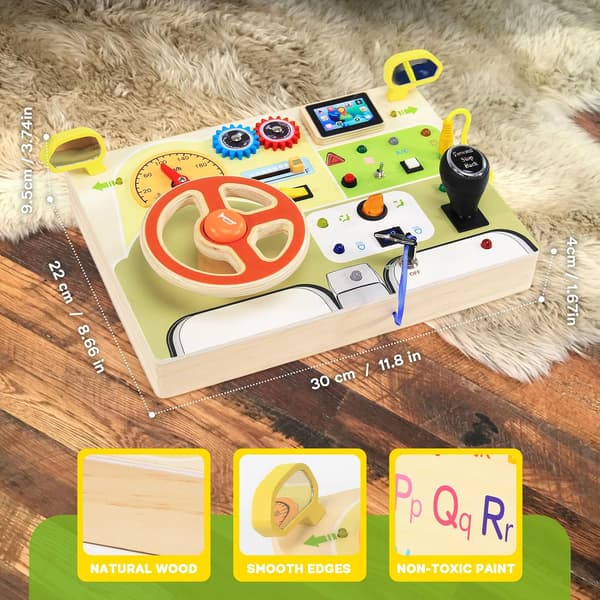 Montessori sensorisk leke med simulert ratt og LED-lysbrytere - Trekrets \"Busy Board\" - Gave til barn 1,2,3+ år