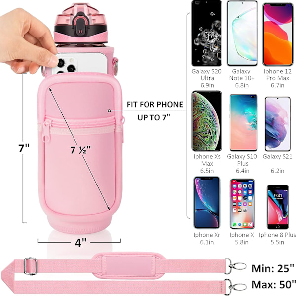32 oz vattenflaska med fodral - BPA-fri läcksäker sport stor 1L plast motivationsbärväska bra julklapp