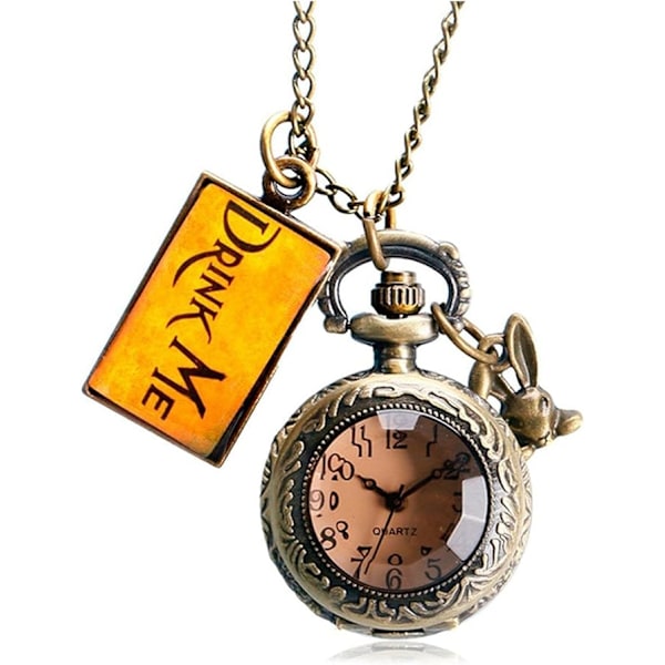Alice in Wonderland -aiheinen 3D-pronssiefekti naisten kvartsi taskukello kaulakoru - 32 tuuman / 80 cm ketjussa
