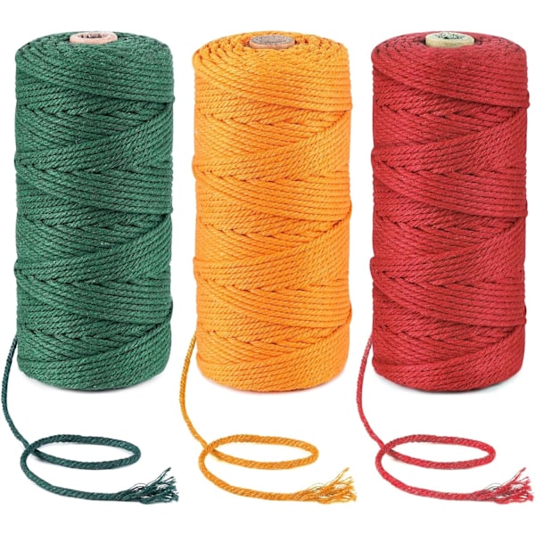 3 Rullar Macrame-snöre 3mmx100m, DIY-Snöre i Bomull för Väggbonader, Växtupphängningar, Hantverk, Stickning, Dekorativa Projekt Dark green+orange+red