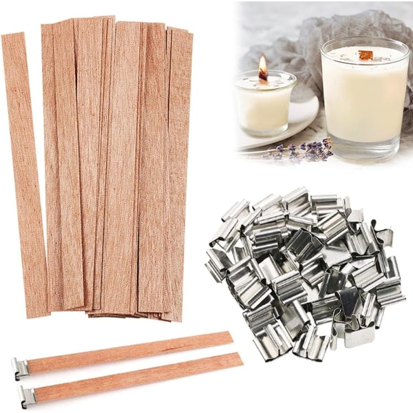 50PCS Wood Wicks for Making Candles Kit, Trimable Natural Wooden Candle Wick with 50 Iron Stand for Handmade DIY Scented Candle Holder Craft Supplies