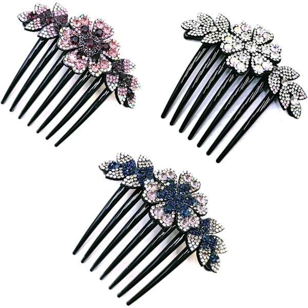3 Pakke Hårkammer for Kvinner, Rhinestone Hårkammer, Hårkammer, Blomster Hårkammer, Gaver til Kvinner og Jenter