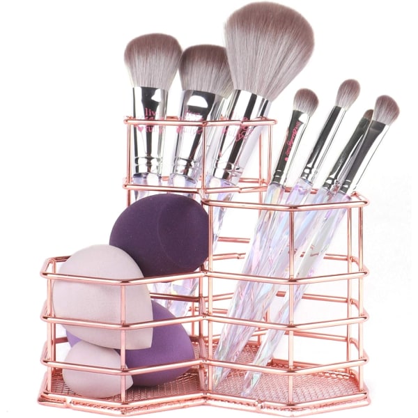 Makeup børsteholder i metal, gylden rose, kosmetikopbevaring, skønhedssvampe, blenderholder, display