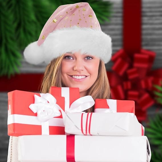 Julemandshat til voksne, fluffy julehat med guldstjerner, varm stor julehat til mænd og kvinder, pink