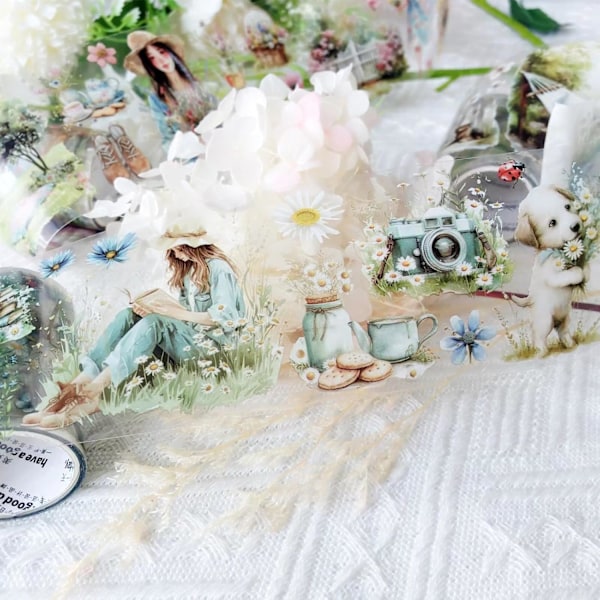 PET-tarrat 3 rullaa, kevät ja kukat, scrapbooking-tarvikkeet, läpinäkyvät tarrat lehtiöihin, päiväkirjoihin, scrapbooking-tarvikkeet, päiväkirjat color 2