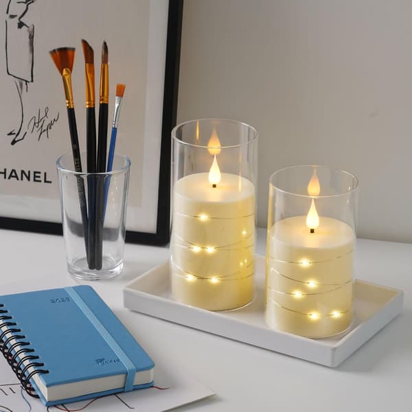 LED-ljus – 3-delat flamlöst set, benvitt ljus, batteridrivet, 24-timmars timer, dansande låga (batteri ingår ej)