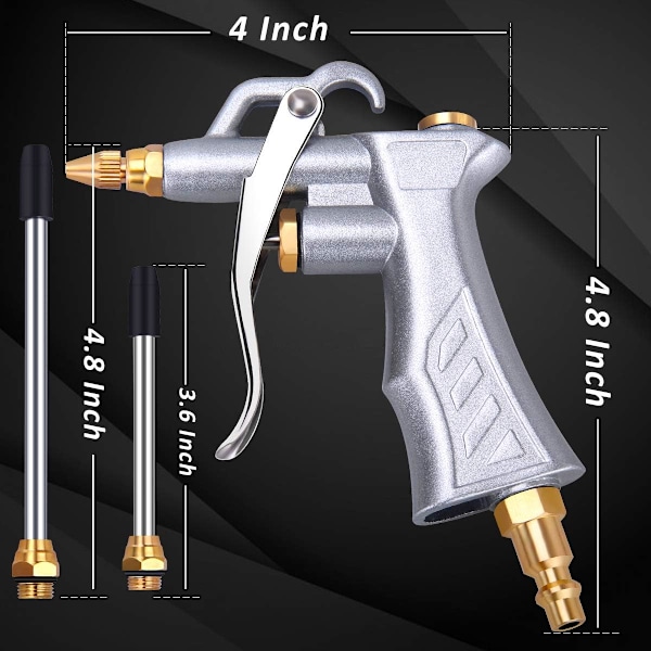 Industriel luftblæsepistol med justerbar luftstrømsdyse i messing og 2 stålforlængere, pneumatisk luftkompressor tilbehørsværktøj til støv