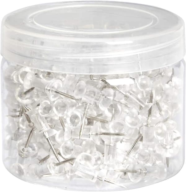 Basics tegnestifter, klart plasthode, stålspiss, 200 stk.
