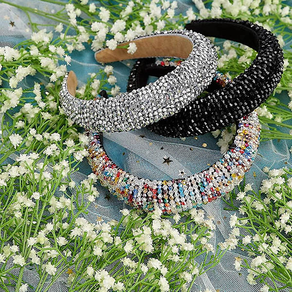 3-delt pannebånd med rhinestones, krystalldiamant, polstret bredt pannebånd