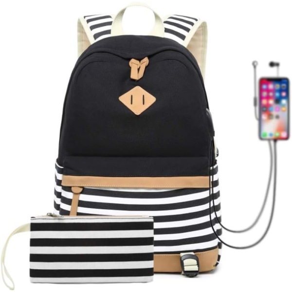 Rucksack School Bag for Girls College Laptop Student Backpack with Pencil Case, Striped Casual Backpack with USB Charging Port (Black Stripe)