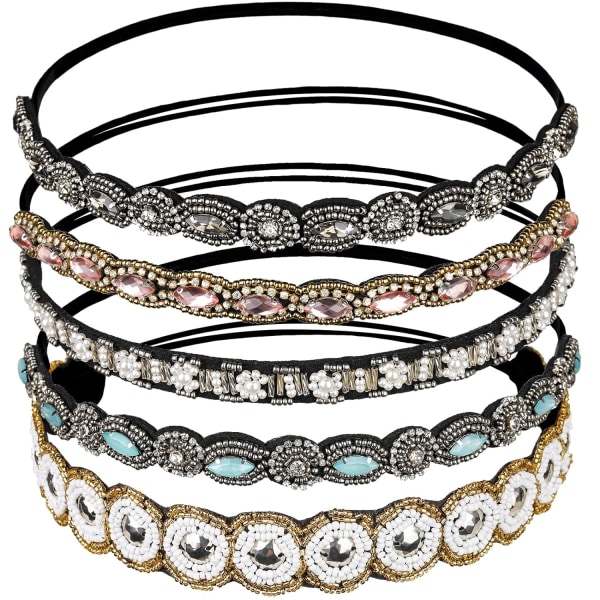 Rhinestone-prydd elastisk pannband, moderiktigt handgjort kristallpärlat elastiskt hårband, 20-26,8 tum, 5 stycken
