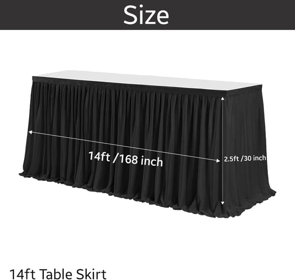1 × Bordkjole, 4,2 meter plissert rektangulær polyester svart borddekorasjon servise, fest, bryllup, bursdag, babyshower, arrangementer