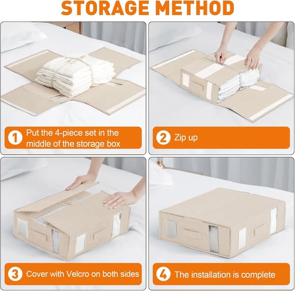 Sengelinned Organizer, Sammenfoldelig Skabsorganizer, 2 Visuelle Vinduer, til Lagner, Tæpper, Tøj (Beige 2-pak)