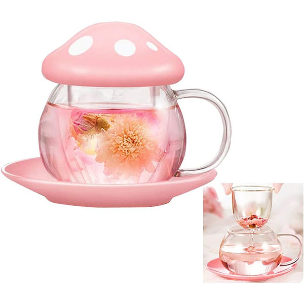 Söt tekopp svampmugg glas tekoppar med teinfuser sil filter klar tekanna med keramik 290ML 9.6oz (rosa)