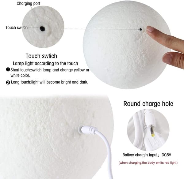 3D Fullmånelampe, 20 cm LED Månenattlampe [Berøringskontroll][USB-lading][Gratis trestativ] Dimbar