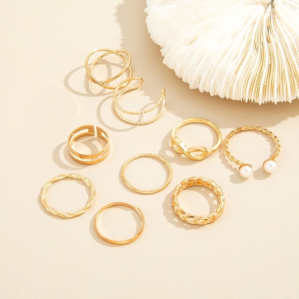 Boho Pearl Infinity Knuckle Ring Set Lucky 8 Wave Twist Knuckle Rings Kostyme Stackable Rings for Kvinner Jenter Menn (Gull)