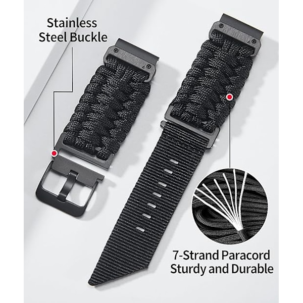 Kompatibel med Garmin Watch Strap 20mm, Heavy-Duty flettet nylon sportsudskiftningsremme passer til Forerunner/Instinct/Fenix/ Descent Black