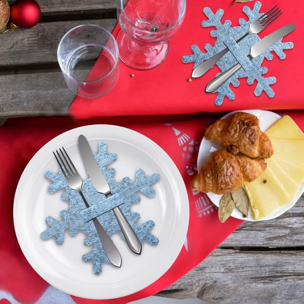 4 stk. julebestikholdere, julesnefnugformede bestikposer til julepynt, middagsbord, festpynt (blå)