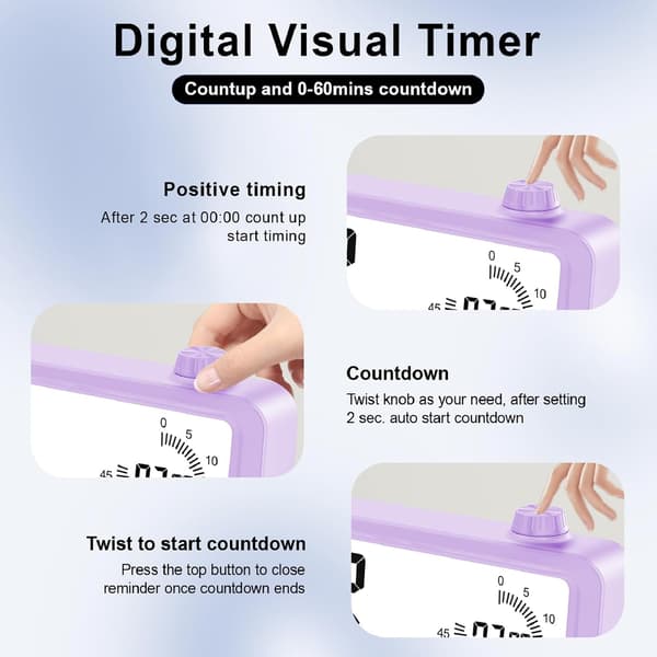 Digital Visuel Timer, 60 Minutters Nedtællingstimer, 3 Alarmtilstande, Temperatur- og Datovisning, til Børnekøkken, Lilla