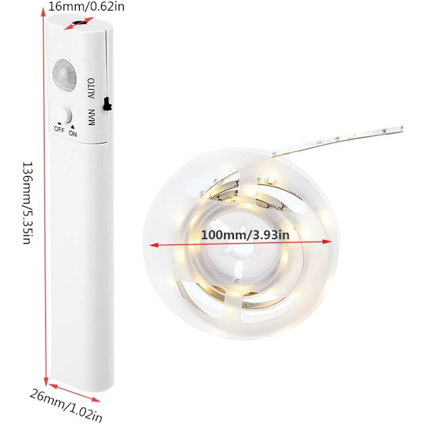 Rörelsesensor garderobslampa, LED-remsa nattlampa, 3000K varmt vitt ljus, PIR automatisk på/av, batteridriven 1 meter