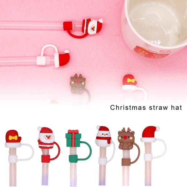Julstråskydd, återanvändbara silikonstråskydd, söta dricksstråtoppar för 7-8 mm sugrör, julklappar (StyleD)