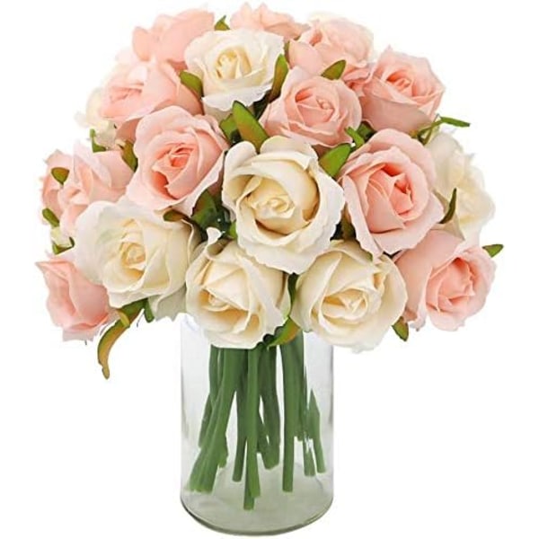 24 huvuden konstgjorda rosblommor bukett sidenblommor ros för hembröllop (2 förpackningar champagne och rosa)