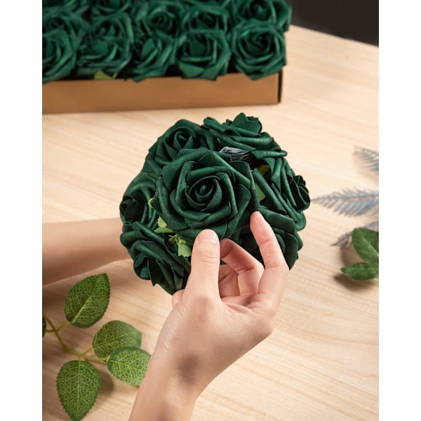 25 Kunstige Roser med Real Touch Skumstængler til Brudebuket, Babyshower, Midtpunkter, Blomsterarrangementer, Fester, Hjemmedekoration Dark green