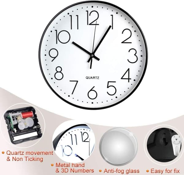 Væg ur, 12 ''Non-ticking Silent Quartz Dekorative Ure, Moderne Store Tal Runde Ur (Sort)