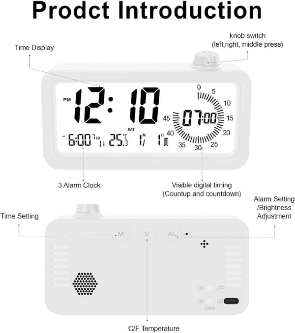 Digital Visuel Timer, 60 Minutters Nedtællingstimer, 3 Alarmtilstande, Temperatur- og Datovisning, til Børnekøkken, Hvid