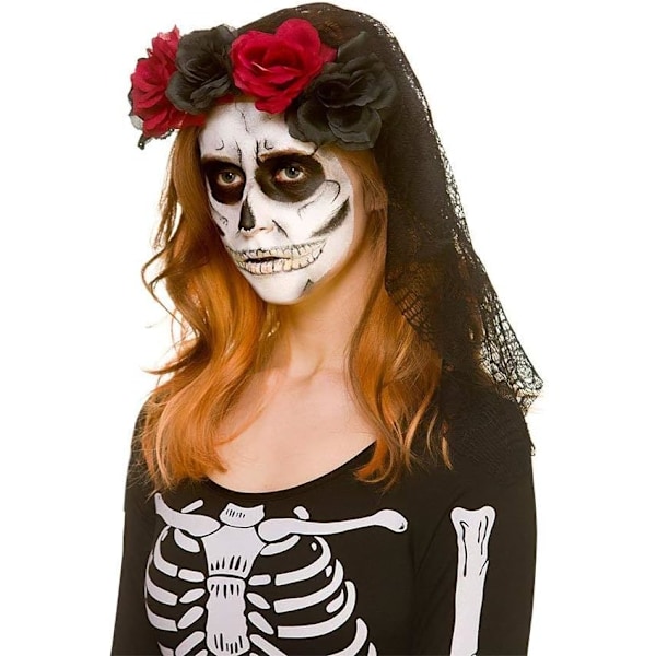 Halloween-hiuspanta, goottilainen kallohiuspanta naisille, naamiaisasu Halloween-hiuslisävarusteet tummanpunaiset ja mustat ruusut Halloween-lisävaruste