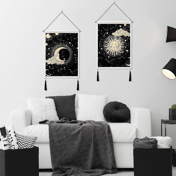 2 Pakke Måne og Sol Veggtepper med Dusker Tarot Banner Svart Veggoppheng Teppe Bohemsk Stjerne Sky Veggdekor for Soverom Stue