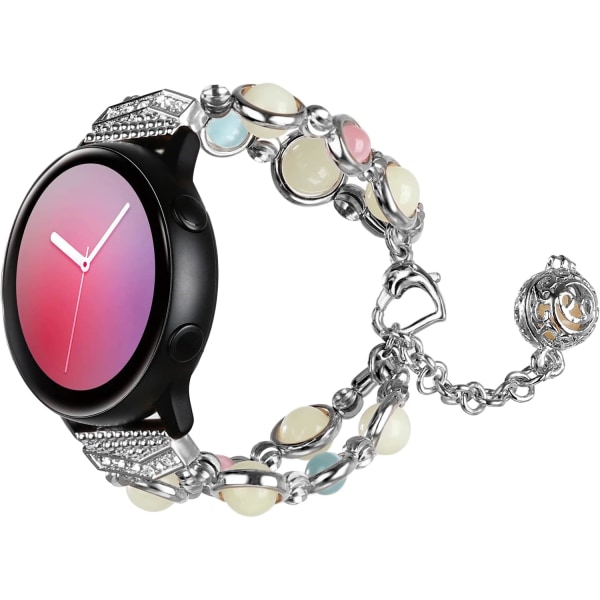 Perle Fashion Band Kompatibel med Samsung Galaxy Watch Active 2/Galaxy Watch, Elastisk Perle Nattlysende Perler Band Rem for Jenter, Sølv