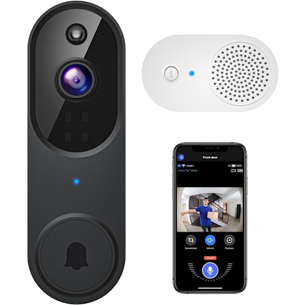 1080p trådløs videodørklokke + indendørs ringklokke, 2-vejs lyd, nattesyn, AES-128 skylagring, realtidsalarmer, smart home-beskyttelse